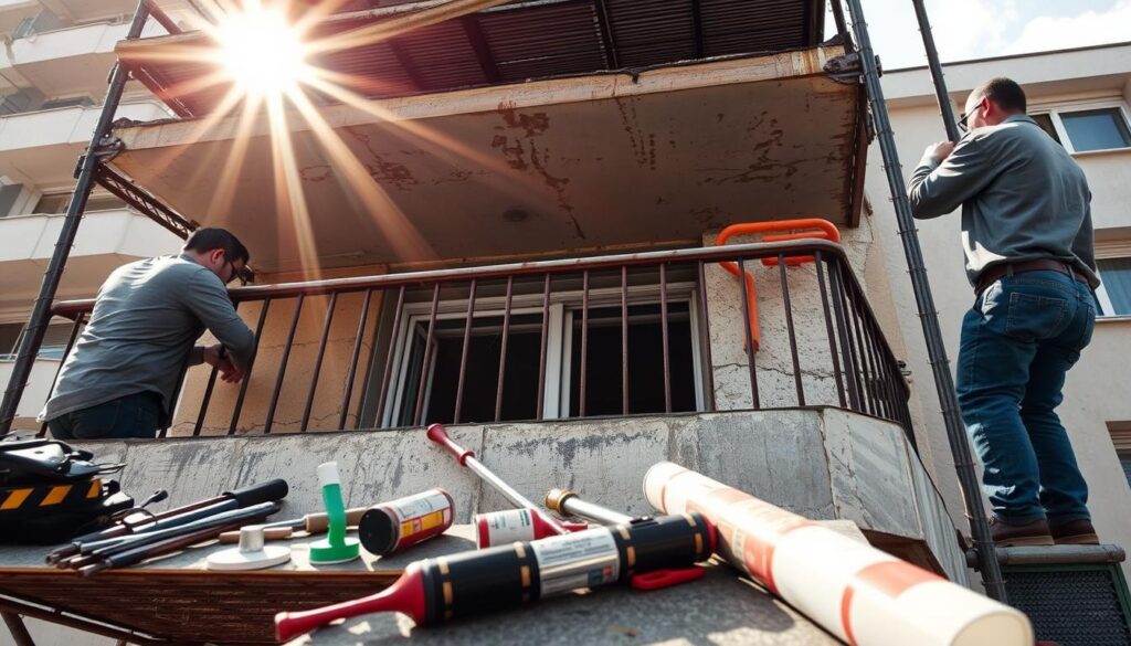 A balcony undergoing professional repair, with workers carefully inspecting the damaged concrete and rust-corroded railing. Sunlight filters through the scaffolding, casting warm shadows across the scene. In the foreground, tools and sealants lie ready for application, while in the middle ground, the balcony's structure is visible, revealing the extent of the necessary repairs. The background showcases the apartment building's facade, hinting at the larger context of the project. The overall atmosphere conveys a sense of diligence and care, as the team addresses the balcony's issues to ensure a durable, long-lasting solution.