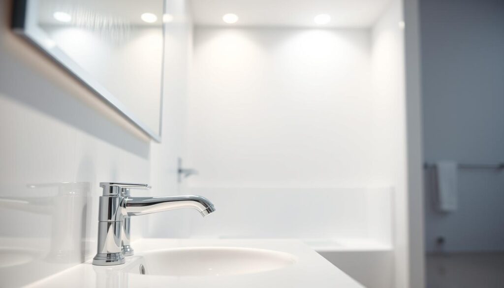 A brightly lit bathroom interior, with a sink, faucet, and countertop in the foreground. Soft, diffused lighting from multiple angles illuminates the scene, creating clean, crisp shadows and highlights that accentuate the textures and details of the plumbing fixtures. The camera is positioned at a slightly elevated angle, providing a clear, unobstructed view of the setup. The overall mood is one of clarity, precision, and attention to detail, showcasing the importance of lighting and camera positioning when documenting plumbing emergencies for insurance and quotes.