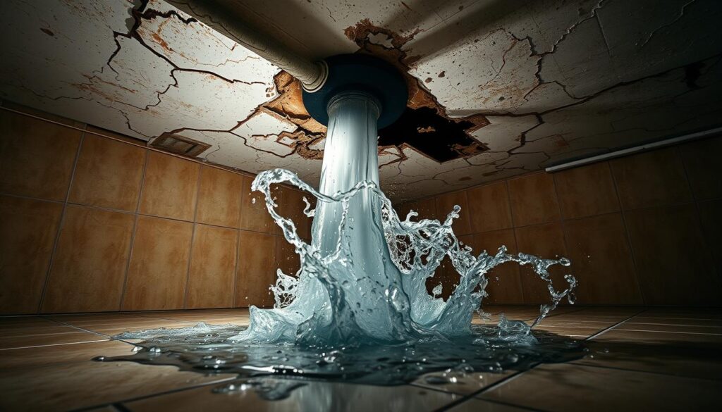 A burst pipe spewing water, the gushing flow crashing against a tiled floor, creating a chaotic puddle. Overhead, the ceiling shows cracks and discoloration, hinting at the structural damage within. Dramatic shadows cast by a harsh, directional light source heighten the sense of urgency. The scene is shot from a low angle, emphasizing the looming threat of the collapsing ceiling. The overall mood is one of impending disaster, a warning to address the issue before it's too late.