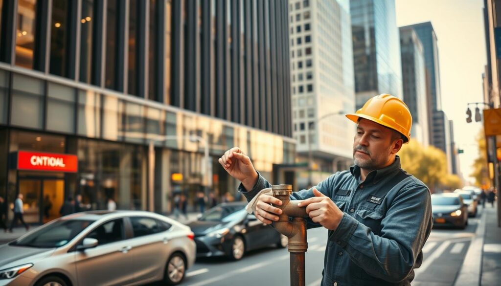 A bustling city street in Melbourne CBD, with a well-equipped plumber in the foreground, expertly inspecting a water pipe. The middle ground features a modern commercial building, its facade seamlessly blending glass and steel. In the background, cars and pedestrians move through the urban landscape, conveying a sense of efficient, uninterrupted operations. The scene is illuminated by warm, natural daylight, casting subtle shadows and highlighting the plumber's focused, professional demeanor. The overall atmosphere exudes a sense of diligence, minimizing downtime and disruption to businesses and facilities.