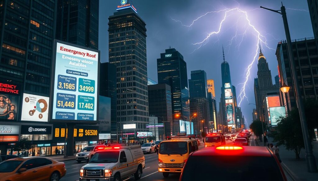 A bustling cityscape at night, with towering skyscrapers and neon-lit storefronts. In the foreground, a large digital billboard displays real-time information on availability and response times for emergency roof repair services. The billboard's interface is sleek and intuitive, with color-coded indicators and dynamic data visualizations. In the middle ground, a fleet of repair trucks with flashing beacons navigates the busy streets, ready to respond to calls for assistance. The background is illuminated by the warm glow of streetlights and the distant flashes of lightning, creating a sense of urgency and the need for reliable, immediate action.