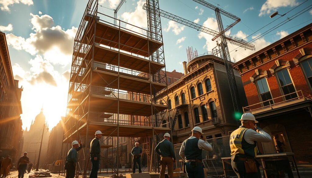 A bustling construction site in the heart of a Victorian-era city, illuminated by warm, golden sunlight filtering through scattered clouds. In the foreground, a team of skilled tradesmen in period-accurate workwear diligently installing new plumbing and fixtures, their movements captured with a crisp, documentary-style lens. In the middle ground, a towering scaffold frames the scene, hinting at the ongoing renovations and upgrades to the historic building. The background features a blend of traditional Victorian architecture and modern utility infrastructure, conveying a sense of progress and modernization amidst the timeless character of the neighborhood.