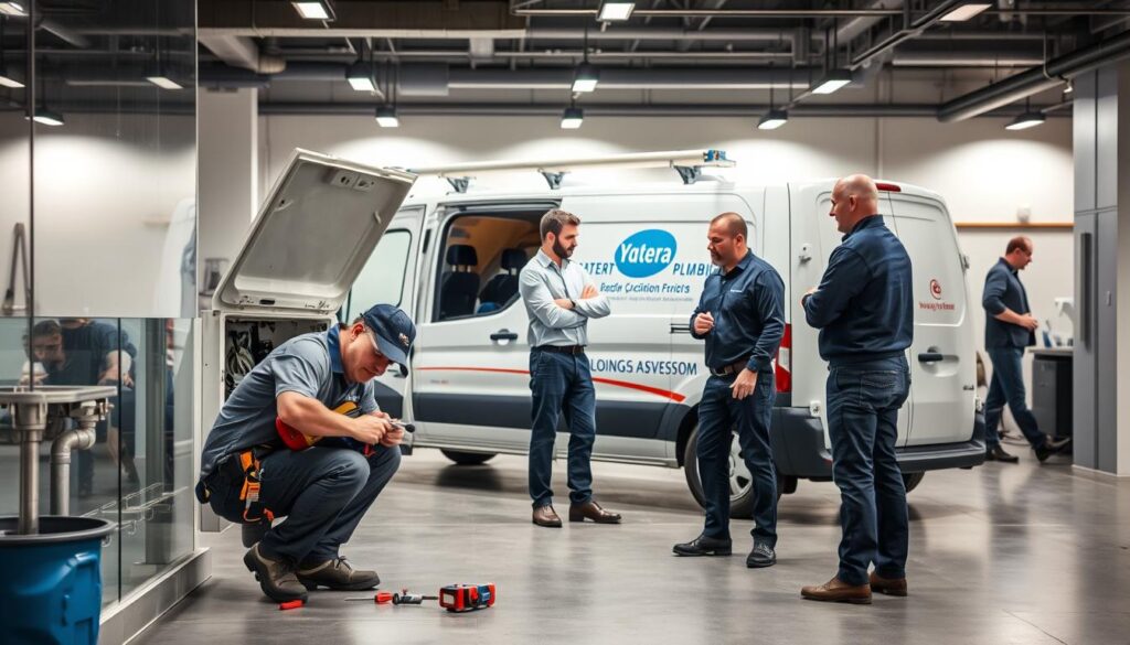A bustling emergency plumbing service in action, with a team of skilled technicians working efficiently to address a strata-related plumbing issue. The scene is set in a well-lit commercial space, with a modern, minimalist aesthetic. In the foreground, a technician crouches beside an open access panel, tools in hand, focused on the task at hand. In the middle ground, another technician confers with a building manager, discussing the problem and solution. In the background, a neatly organized van with the company's logo and branding conveys a sense of professionalism and reliability. The overall atmosphere is one of calm, competence, and a commitment to swift, effective resolution of the plumbing emergency.