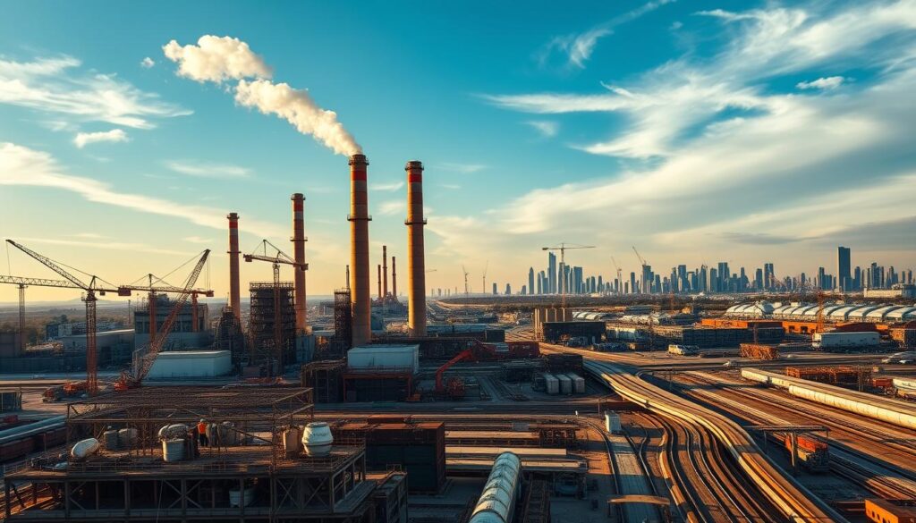 A bustling industrial landscape, with towering factories, cranes, and smokestacks silhouetted against a vibrant sky. In the foreground, a construction site teems with activity, workers in hardhats and high-vis vests overseeing the assembly of gleaming steel structures. The middle ground features a network of roads and railways, transporting goods and materials between various commercial and industrial hubs. In the background, a modern skyline of office buildings and residential complexes, hinting at the diverse range of projects and sectors supported by this thriving metropolitan area. Warm, directional lighting casts dramatic shadows, creating a sense of depth and emphasizing the scale and dynamism of this industrial powerhouse.