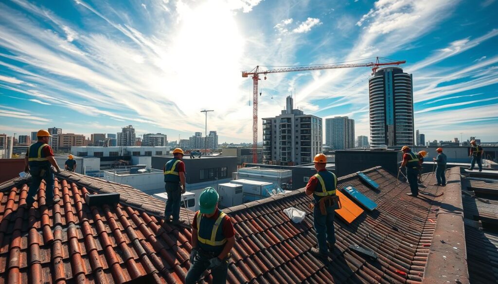 A bustling urban rooftop scene, shot with a wide-angle lens to capture the scope of various roof services in action. In the foreground, skilled workers in hard hats and safety gear carry out repairs and maintenance on a residential roof, tiles and tools scattered around. In the middle ground, a commercial building showcases a team inspecting and cleaning gutters, while in the background, a crane lifts materials to the top of a high-rise, silhouetted against a vibrant blue sky with wispy clouds. The scene conveys a sense of productivity, professionalism, and the diversity of roof-related services available to meet the needs of homes and businesses across Melbourne.