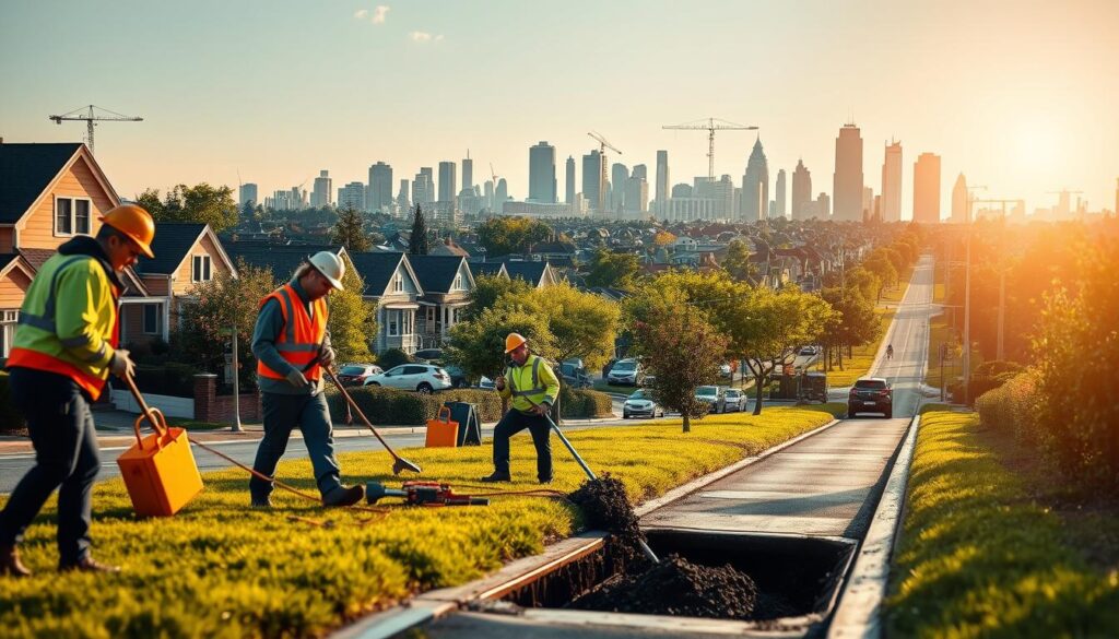 A bustling urban scene with a focus on solving a drainage problem. In the foreground, a team of workers in high-visibility gear diligently clearing a blocked storm drain, using specialized tools and equipment. The middle ground depicts a well-maintained suburban street with lush greenery, neatly paved sidewalks, and orderly rows of houses. In the background, a vibrant cityscape rises, with skyscrapers and cranes, symbolizing progress and development. The lighting is bright and warm, with the sun casting a soft glow, conveying a sense of optimism and resolution. The overall atmosphere is one of efficiency, problem-solving, and a commitment to addressing the challenges of urban infrastructure.