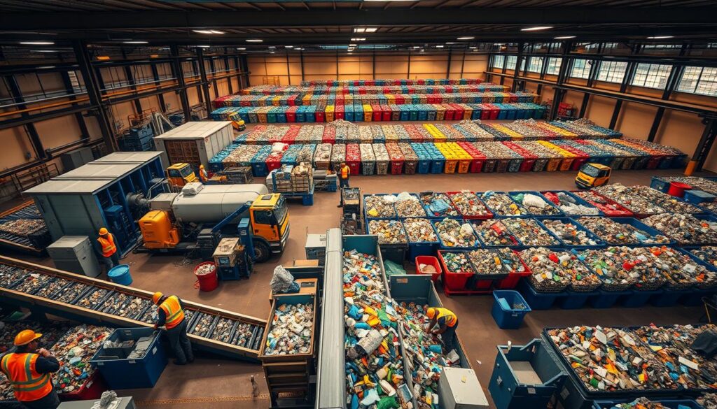 A bustling waste management facility, viewed from an elevated angle. In the foreground, workers in safety gear diligently sort and load recyclable materials onto conveyor belts. The midground showcases industrial-scale compactors and balers, efficiently processing a diverse array of waste streams. In the background, rows of color-coded collection bins stand ready to receive the sorted materials, creating a sense of organized chaos. Warm, directional lighting illuminates the scene, casting dramatic shadows and highlighting the systematic nature of this responsible waste handling operation.