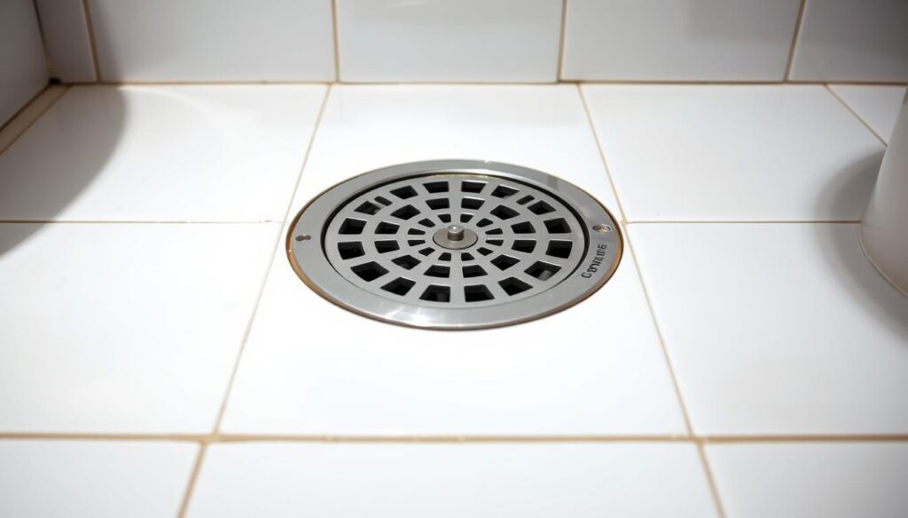 A clean, well-lit bathroom floor with a recessed, metal floor drain cover in the center. The drain is surrounded by clean, smooth white tiles, with a slight sheen from the overhead lighting. The drain is circular, with a metal grate pattern and a slightly raised rim. The image has a sense of cleanliness, order, and functionality, reflecting the safe and effective clearing of a blocked drain.