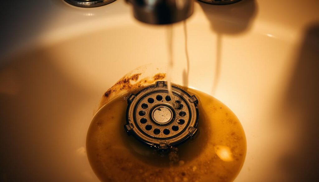 A clogged sink drain with grime and debris, the pipes partially blocked, water pooling around the drain cover. The scene is illuminated by a warm, golden light from above, casting shadows and highlights that accentuate the textures. The faucet and surrounding countertop are in focus, with the drain and pipes in the foreground. The overall mood is one of a common household plumbing issue that requires attention. The image should convey the need for professional intervention to properly address and resolve the blocked drain.