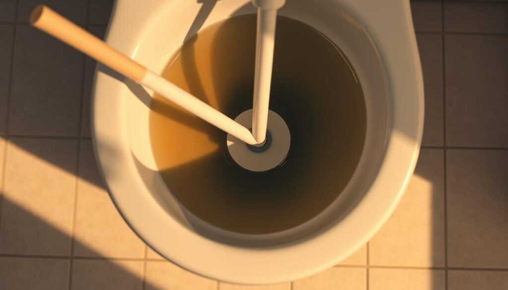 A clogged toilet bowl filled with murky water, a plunger partially submerged, casting long shadows from a warm, indirect lighting. The porcelain fixture stands in the center, surrounded by a clean, tiled floor with subtle grout lines. The scene exudes a sense of domestic tranquility, inviting the viewer to consider eco-friendly solutions to this common household issue without undue drama or alarm.