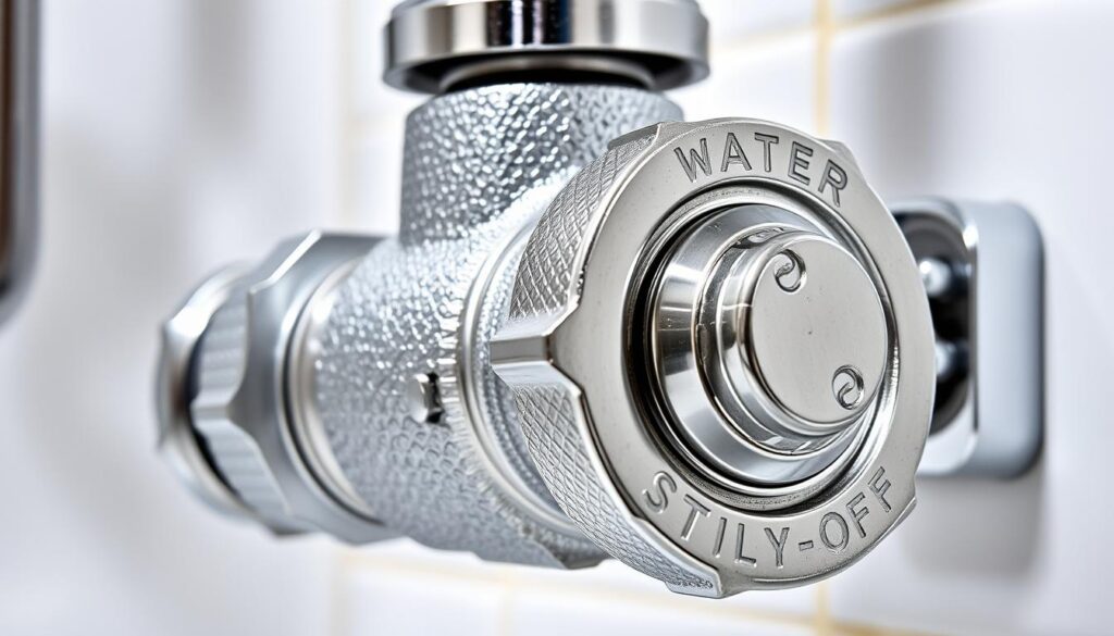 A close-up, high-resolution photograph of a main water shut-off valve, prominently displayed in the center of the frame. The valve is made of shiny chrome, with a large circular handle and a detailed, textured surface. The lighting is bright and evenly distributed, creating sharp contrasts and highlighting the intricate mechanical components. The background is slightly blurred, with hints of a clean, tidy plumbing environment, such as a tiled wall or a metal pipe. The overall mood is one of functionality, precision, and the importance of this crucial household component in an emergency plumbing scenario.