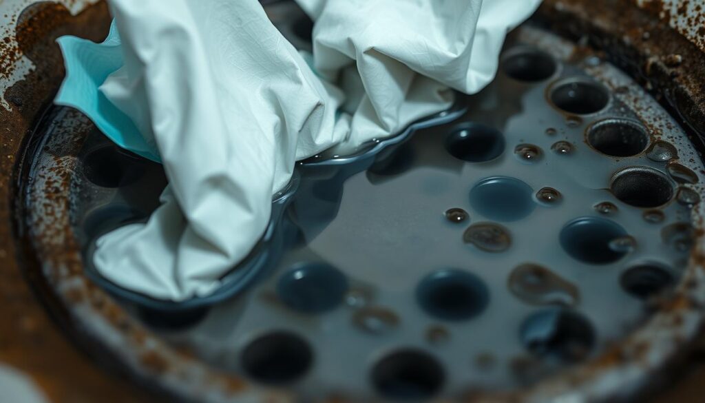A close-up photograph of wet wipes clogging a drain, causing a puddle of water to build up. The wipes are partially submerged, their colors muted by the murky liquid. The drain's metal grate is visible, with small gaps between the bars. Shadows from the wipes create interesting textures on the drain's surface. The lighting is soft and diffused, emphasizing the grungy, unhygienic atmosphere. The camera angle is low, giving a sense of the problem's scale and the potential damage. The image conveys the message that wet wipes should never be flushed down the drain, as they can lead to costly plumbing issues.