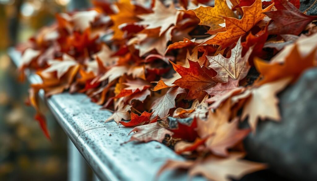 A close-up shot of a gutter filled with fallen autumn leaves, showcasing the build-up and potential fire hazard. The image is captured in soft, natural lighting, with a shallow depth of field that isolates the gutter and its contents. The leaves are rendered in a variety of autumnal hues, from vibrant reds and oranges to muted browns and yellows, creating a visually striking scene. The gutter itself is made of weathered metal or aluminum, adding texture and a sense of age to the composition. The overall atmosphere is one of neglect and the need for maintenance, highlighting the importance of regular gutter cleaning to mitigate the risk of leaf-fueled fires.