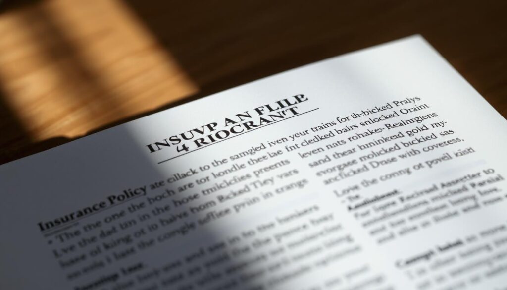 A close-up shot of an open insurance policy document, with the text and wording clearly visible. The pages are illuminated by soft, natural lighting, casting subtle shadows and highlights that enhance the legibility of the text. The background is blurred, placing the focus entirely on the policy details. The layout and typography of the document convey a sense of professionalism and authority, reflecting the importance of thoroughly understanding one's insurance coverage. The overall mood is one of thoughtful contemplation, inviting the viewer to closely examine the policy wording for any potential coverage gaps related to blocked drains.