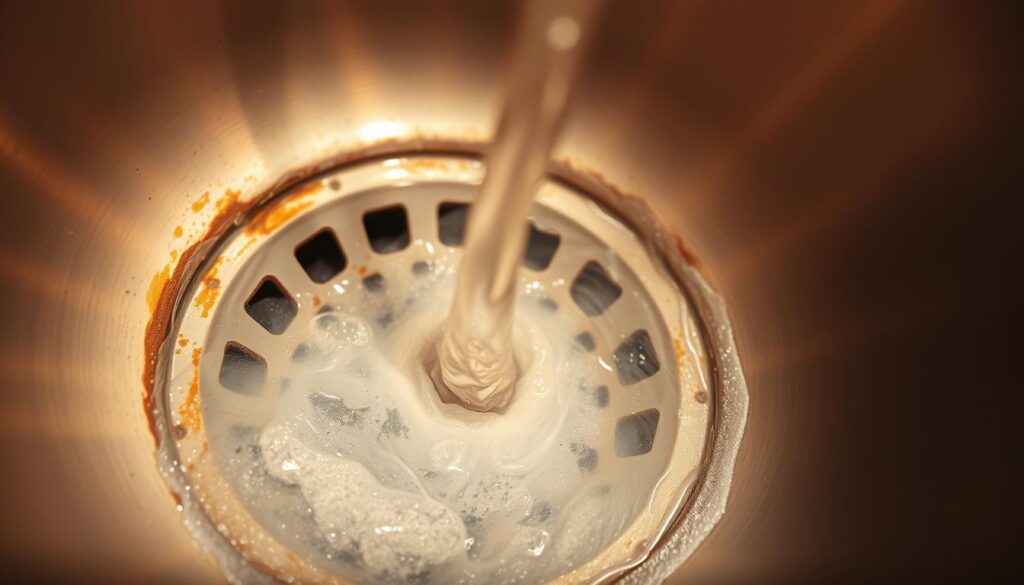 A close-up view of a bathroom sink drain, water swirling and gurgling as it flows down. The metallic basin is slightly corroded, with a hint of mineral buildup around the edges. Beams of warm, diffused light cast a soft glow, creating an almost hypnotic effect. The scene conveys a sense of subtle movement and the familiar sound of a drain working to clear blockages. The camera angle is slightly low, emphasizing the drain's central role and the viewer's intimate perspective on this everyday household occurrence.