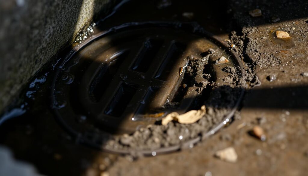 A close-up view of a blocked drain, with water stagnating and debris visible. The drain's grate is partially obscured, indicating a severe obstruction. The lighting is soft and natural, casting shadows that highlight the textures and details of the scene. The background is slightly blurred, keeping the focus on the drain itself. The mood is one of concern and the need for immediate action, conveying the urgency of the situation and the importance of finding an effective solution.
