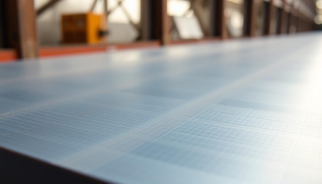 A close-up view of a bluescope steel sheet, with a smooth, metallic surface reflecting soft, diffused lighting. The material appears sturdy and durable, with a slight sheen that suggests high quality. The image is captured at an angle, highlighting the textured patterns and subtle color variations inherent in the material. The background is slightly blurred, placing the focus on the intricate details of the bluescope steel, conveying a sense of professionalism and reliability associated with a trusted building material brand.