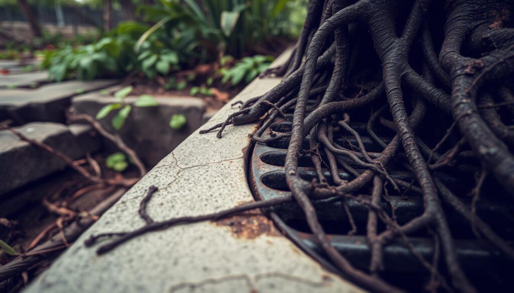 A close-up view of a concrete sewer drain, its metallic grate partially obscured by encroaching tree roots. The foreground showcases the intricate web of fibrous roots snaking their way through the drain's openings, their dark tendrils intertwining with the rusty metal. In the middle ground, the drain's cracked and weathered surface contrasts with the lush, verdant plant life surrounding it. Soft, diffused lighting casts subtle shadows, highlighting the textural details. The overall atmosphere conveys a sense of the relentless force of nature, slowly but steadily reclaiming its domain.