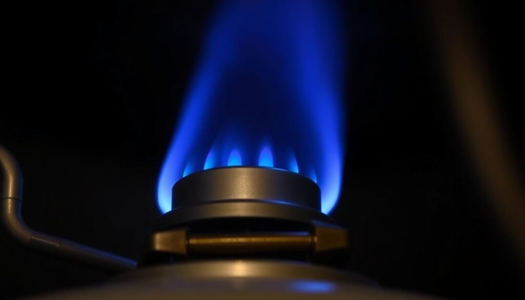 A close-up view of a gas hot water heater's storage tank pilot light, showcasing the small flame burning steady and bright against a dark backdrop. The pilot light's blue-tinged flame is the focal point, casting a warm glow that illuminates the metal burner assembly and thermocouple components in the foreground. The image is captured from a low angle, emphasizing the intricate details of the system's inner workings. The lighting is subtle yet effectively highlights the key elements, creating a moody and technical atmosphere suitable for an informative article on troubleshooting gas water heater issues.
