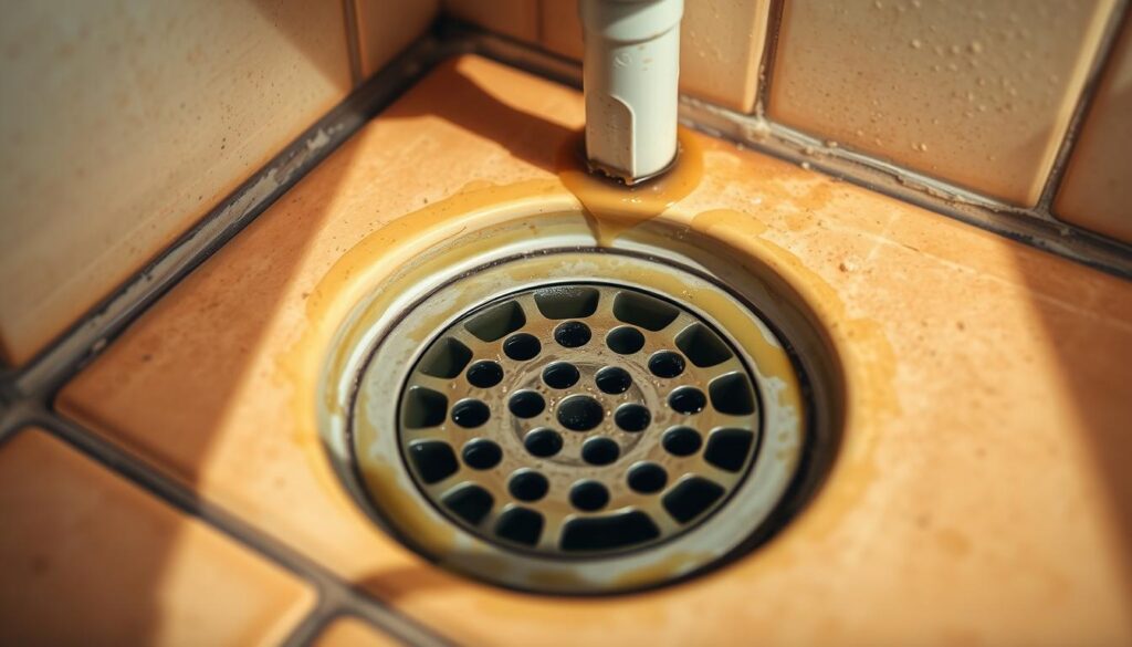 A close-up view of a household drain, showcasing its intricate inner workings. The drain is situated in a well-lit, tiled bathroom, with warm, natural lighting illuminating the scene. The camera angle is slightly elevated, providing a detailed look at the metal grate, the surrounding pipes, and the murky water slowly draining. The image conveys a sense of cleanliness and order, with the drain appearing free of any obvious blockages or issues. This visual aid will help readers discern the differences between a properly functioning internal drain and a potential sewer blockage.