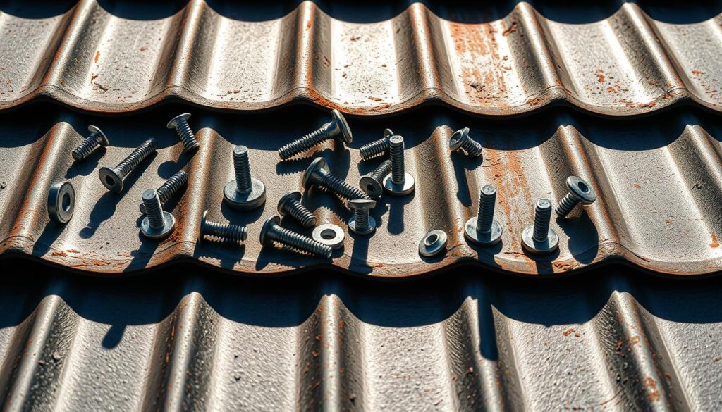 A close-up view of a metal roof, capturing an array of fasteners in sharp detail. The fasteners, comprising sturdy screws, nails, and washers, are arranged in a visually compelling pattern, casting dramatic shadows against the weathered metal surface. The lighting is crisp and directional, emphasizing the textural qualities of the fasteners and creating a sense of depth and dimensionality. The overall composition conveys the importance of these small, yet critical components in the larger context of a metal roof system, highlighting their potential to cause significant leaks if not properly installed or maintained.