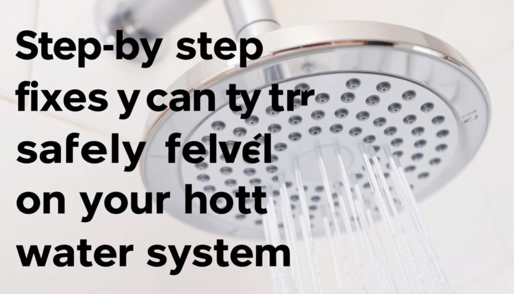 A close-up view of a modern shower head, capturing its intricate design and shiny chrome finish. The shower head is positioned against a backdrop of clean, white tiles, creating a crisp and minimalist atmosphere. The lighting is soft and diffused, highlighting the contours and textures of the shower head, which appears to be made of high-quality materials. The image is captured from a slightly elevated angle, emphasizing the functional yet visually appealing nature of the subject, conveying a sense of simplicity and efficiency suitable for the "Step-by-step fixes you can try safely on your hot water system" section of the article.