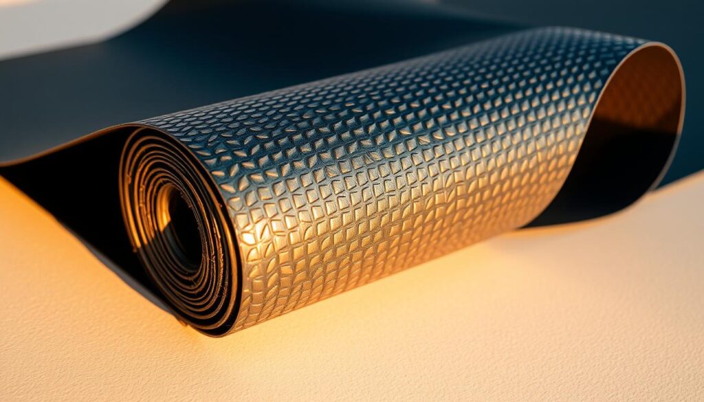 A close-up view of a rolled-up verseseal waterproofing membrane, showcasing its textured, durable surface. The material is illuminated by warm, directional lighting, casting subtle shadows that accentuate its contours. The membrane is positioned against a clean, neutral background, allowing its intricate pattern and industrial-grade composition to be the focal point. The depth of field is shallow, ensuring the viewer's attention remains solely on the waterproofing material and its high-quality construction, hinting at its suitability for long-term, professional-grade applications.
