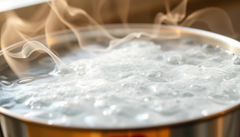 A close-up view of a saucepan filled with rapidly boiling water, steam rising in wispy tendrils. The water bubbles and roils, droplets jumping and dancing on the surface. The metal pan has a shiny, reflective finish, catching the soft, warm light illuminating the scene. The background is hazy and indistinct, keeping the focus on the dynamic, almost hypnotic movement of the boiling water. The overall mood is one of energy, heat, and the scientific process of thermal transfer, fitting the subject of the article's section on safe water temperature and pipe materials.