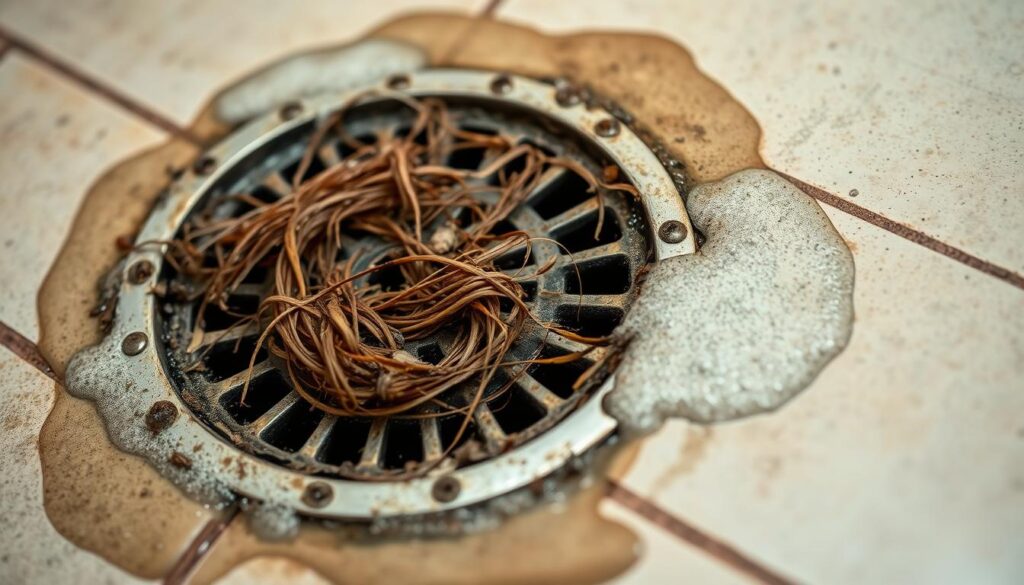 A close-up view of a shower drain, capturing the intricate details of a clogged and dirty drain. The drain is situated on a wet, tiled floor, with water droplets and soap scum visible around the edges. The metal grate is partially obscured by a tangled mess of hair, debris, and grime, creating a visually unappealing and unsanitary scene. Warm, diffused lighting illuminates the drain, highlighting the textural elements and the overall sense of neglect. The image conveys a sense of the common household problem of a blocked shower drain, setting the stage for the article's discussion on the causes and safe methods for clearing it.
