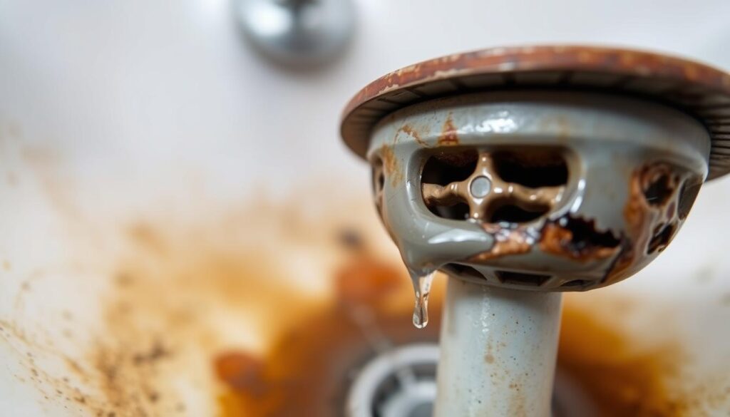 A close-up view of a sink drain with visible water leaks and corrosion, with a cracked and worn strainer cover. The foreground depicts the leaking drain in detail, with droplets of water visibly dripping. The middle ground shows the sink basin and surrounding surfaces, hinting at the broader context. The background is slightly blurred, suggesting a domestic bathroom setting with subtle lighting. The overall mood conveys a sense of disrepair and the need for maintenance, alluding to the article's subject matter.