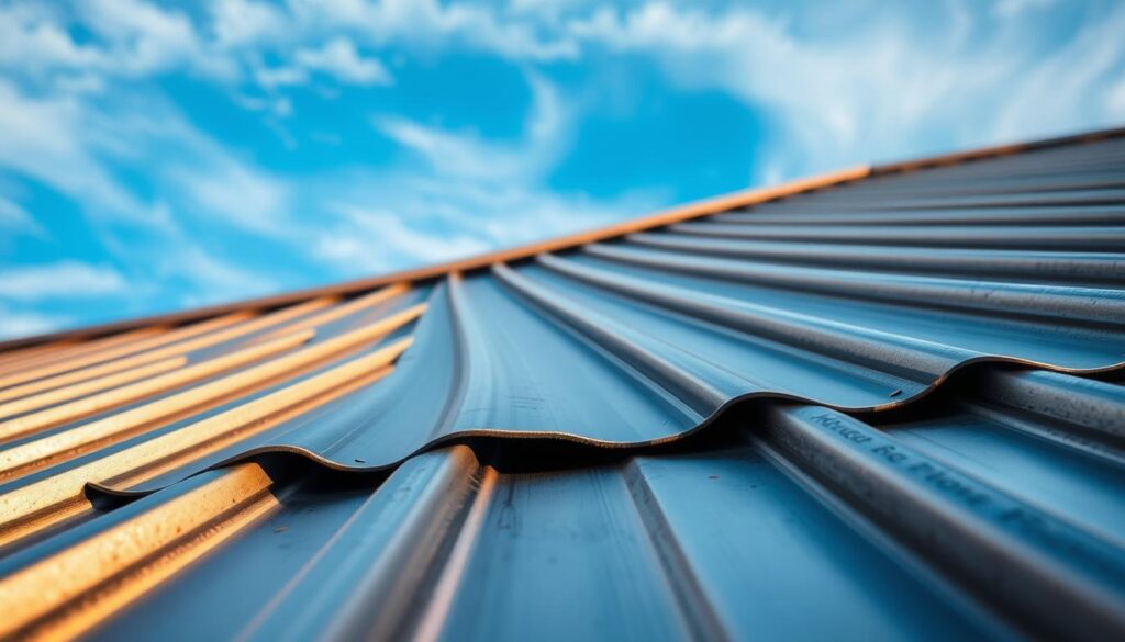 A close-up view of a sturdy metal roofing system, capturing the intricate textures and patterns of the galvanized steel panels. The surface reflects the warm, directional lighting, highlighting the sharp ridges and grooves that add strength and durability. In the background, a clear blue sky with wispy clouds provides a serene and tranquil atmosphere, emphasizing the resilience and weatherproofing capabilities of the metal roof. The overall composition conveys a sense of reliability, protection, and the ability to withstand the elements, perfectly suited for the "Storm readiness for your roof: pre-season inspection checklist" article and the "Materials and design upgrades that boost storm protection" section.