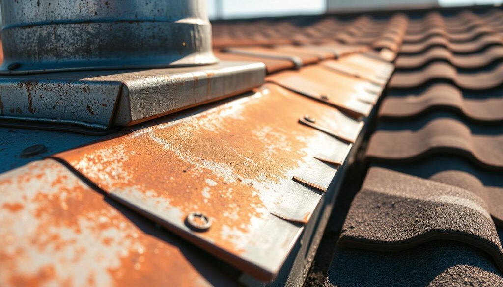 A close-up view of a weathered, metal chimney flashing on the roof of a residential building. The flashing is made of galvanized steel, with a textured, rusted surface. Sunlight casts warm, golden highlights across the uneven edges and seams, creating a sense of depth and dimensionality. The flashing is securely installed, with visible nail or screw heads anchoring it to the roof. The surrounding roof tiles or shingles are in good condition, suggesting a well-maintained structure. The overall scene conveys a sense of durability and functionality, reflecting the need for reliable, long-lasting chimney flashing to prevent leaks and water damage.