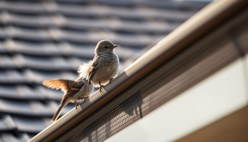 A close-up view of birds proofing a gutter with a metal mesh screen, set against the backdrop of a residential roof in Melbourne. The birds are perched on the edge of the gutter, examining the gutter guard intently, their feathers ruffled by a gentle breeze. The gutter guard is made of a sturdy, rust-resistant material, seamlessly integrated into the roofline, effectively deterring the birds from nesting or entering the gutter. The scene is bathed in soft, diffused natural lighting, creating a sense of tranquility and attention to detail. The overall composition emphasizes the importance of proper bird, possum, and pest proofing for maintaining a well-functioning gutter system on a Melbourne home.
