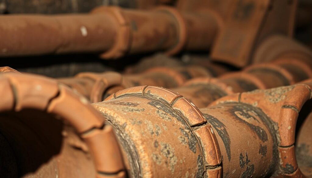 A close-up view of several worn and cracked clay pipes, showcasing the common faults seen in old underground pipe systems. The pipes are illuminated by a warm, soft light, casting subtle shadows that accentuate their textural imperfections. The foreground features detailed close-ups of the pipes, revealing the cracks, discoloration, and mineral buildup that can occur over decades of use. The middle ground provides a wider angle, allowing the viewer to see the interconnected network of pipes, while the background maintains a slightly blurred, atmospheric quality, suggesting the underground setting. The overall scene conveys the aged, weathered aesthetic of these historical plumbing systems, hinting at the need for modern fixes to address the common issues.