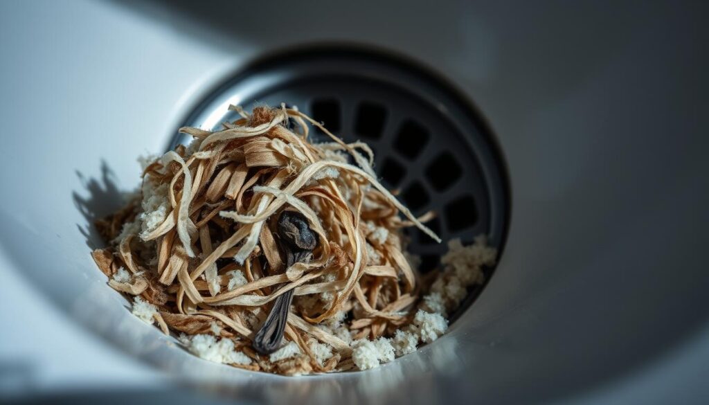 A closeup view of a clogged laundry drain, showcasing a tangled mass of lint, hair, and soap residue that has accumulated over time. The foreground depicts the blockage in vivid detail, with the texture and color of the debris clearly visible. The middle ground features the smooth, polished surface of the drain, highlighting the stark contrast between the clean and clogged areas. The background is dimly lit, creating a somber, almost ominous atmosphere that emphasizes the seriousness of the problem. The lighting is slightly angled, casting subtle shadows that accentuate the depth and texture of the blockage. The overall image conveys a sense of frustration and the need for a solution to this common household issue.