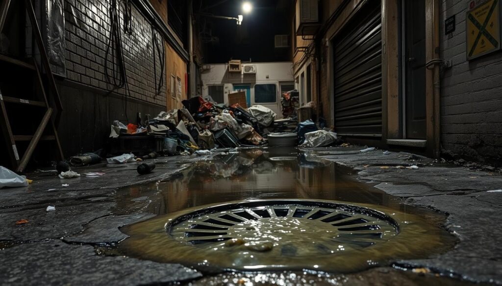 A cluttered urban alleyway, dimly lit by a single overhead streetlamp, with a large puddle of stagnant water at the center, surrounded by a pile of debris and discarded items. In the foreground, a close-up view of a clogged drain, with water overflowing and spilling onto the cracked pavement. The scene has a sense of neglect and urgency, conveying the need for immediate plumbing intervention in the heart of the city.