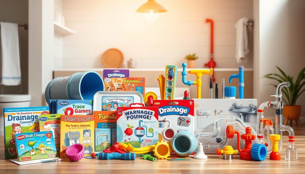 A colorful array of educational products arranged in a dynamic, well-lit scene. In the foreground, an assortment of vibrant children's books, toys, and games focused on teaching drainage concepts, such as a plush sewer pipe, a board game about water cycles, and a puzzle depicting household appliances. In the middle ground, a mix of interactive tools like drain snakes, sink plungers, and transparent pipe models that demonstrate water flow. The background features a clean, modern bathroom setting with minimalist decor, creating a sense of practicality and approachability. Warm, natural lighting casts a welcoming glow, inviting the viewer to explore and engage with the educational products.