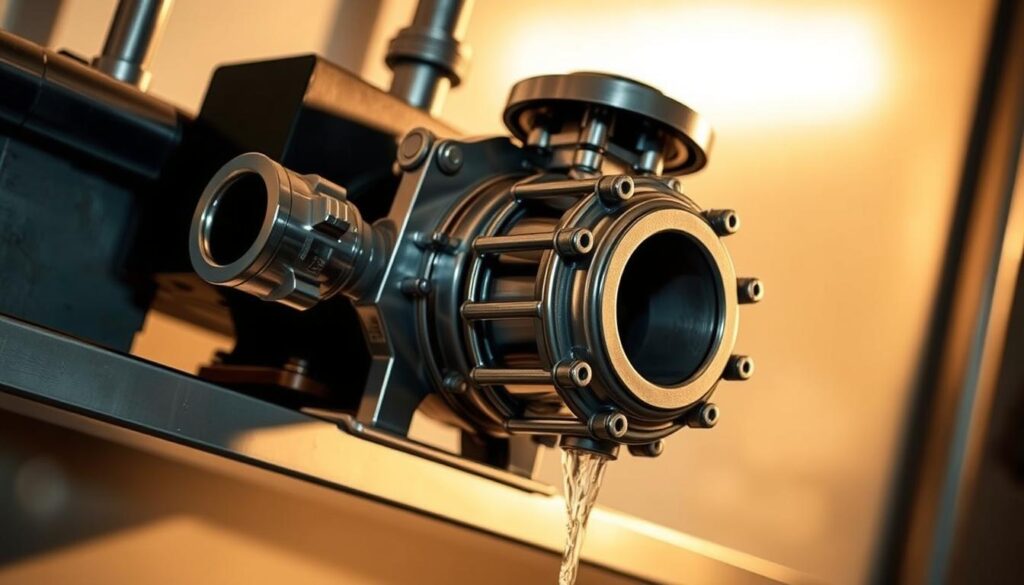 A commercial-grade hot water recirculation pump, cast in stainless steel, mounted on a sturdy metal frame. The pump is depicted from a slightly elevated angle, allowing the viewer to clearly see its intricate design and the various input and output ports. Soft, warm lighting illuminates the pump, casting subtle shadows that accentuate its mechanical details. The background is blurred, keeping the focus on the pump's form and function. The overall atmosphere conveys a sense of reliability, efficiency, and technical sophistication, aligning with the subject matter of the article.