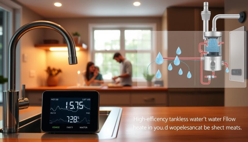 A cozy kitchen interior with a modern stainless steel sink and faucet, illuminated by warm, indirect lighting. In the foreground, a digital water flow monitor displays real-time data on household hot water usage, with fluctuating levels representing the variable demand throughout the day. The middle ground showcases a family of four going about their daily routines, from washing dishes to taking showers, each activity visualized with subtle water droplet effects. In the background, a schematic diagram illustrates the inner workings of a high-efficiency tankless water heater, highlighting its capacity to meet the evolving hot water needs of the household. The overall atmosphere conveys a sense of efficiency, sustainability, and the importance of understanding one's personal hot water requirements.