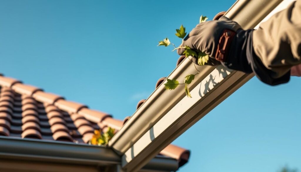 A crisp, well-lit image of a residential home's gutters undergoing maintenance. The gutters, made of sturdy aluminum, are being carefully cleaned and inspected for any blockages or damage. In the foreground, a worker's gloved hands meticulously remove leaves and debris, ensuring the drainage system is functioning optimally. The middle ground showcases the home's pitched tile roof, providing context for the gutter maintenance task. The background features a clear, blue sky, casting a natural, warm lighting upon the scene, conveying a sense of diligence and care in preserving the roof's integrity. The overall atmosphere is one of proactive, responsible homeownership, highlighting the importance of regular gutter maintenance in preventing future tile roof leaks.