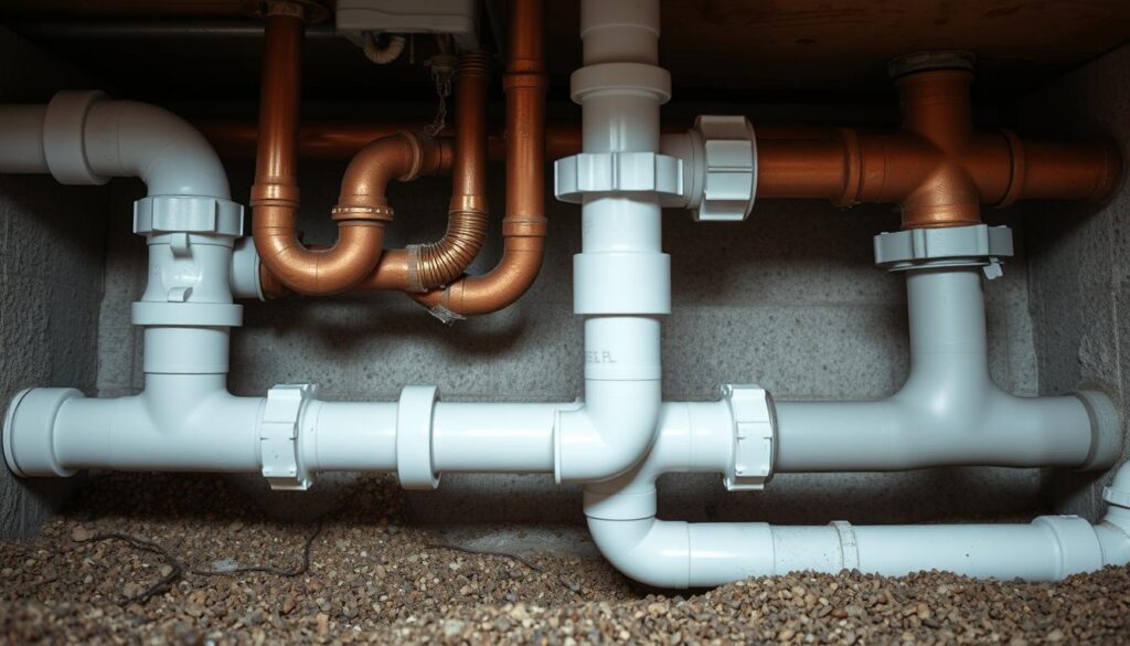 A cross-section of residential water and sewer pipes, illuminated by soft, diffused lighting to highlight their intricate structure. The pipes are made of various materials - copper, PVC, and cast iron - showcasing the diverse plumbing infrastructure beneath a suburban home. The scene conveys a sense of the hidden, interconnected network that delivers clean water and removes wastewater, hinting at the responsibilities and potential issues homeowners may face regarding their private piping system versus the municipal network.