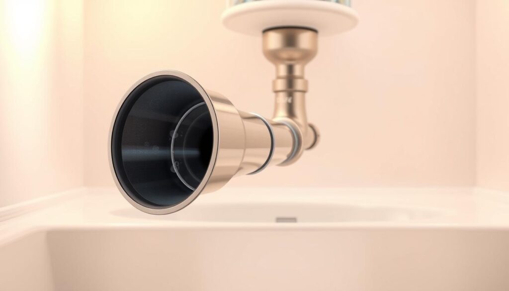 A cross-section view of a classic P-trap plumbing fixture, rendered in high detail. The foreground showcases the curved pipe shape with a water seal, while the middle ground reveals the connection to the drain pipe and the vented outlet. The background features a clean, neutral environment with warm, directional lighting that highlights the metallic surfaces and transparent water. The scene conveys a sense of technical precision and functional simplicity, suitable for illustrating the critical role of the P-trap in preventing kitchen sink odors.