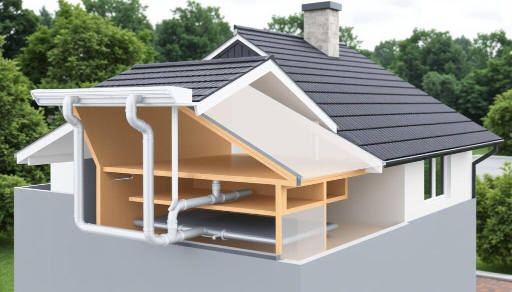 A detailed 3D rendering of an architectural cross-section showcasing a residential roof drainage system. The foreground depicts a series of downspouts, gutters, and drainage pipes in a sleek, modern design. The middle ground features the roofing structure, including a gabled roof with carefully angled slopes to facilitate water flow. The background showcases the surrounding landscape, with lush greenery and a clear, overcast sky providing soft, diffused lighting. The overall scene emphasizes the technical aspects of roof drainage, highlighting the importance of proper design, performance, and compliance with relevant standards.