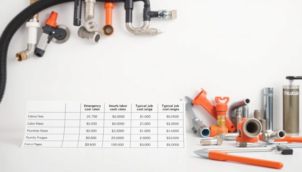 A detailed breakdown of emergency plumbing costs in a clean, minimalist style. Foreground displays a table with line items for callout fees, hourly labor rates, and typical job cost ranges, all presented in a clear, organized layout. Midground features various plumbing tools and equipment, like wrenches, pipes, and fittings, arranged neatly. Background is a soft, neutral-toned gradient, creating a professional, informative atmosphere. Lighting is bright and even, captured with a wide-angle lens to showcase the comprehensive cost overview. The overall mood is one of clarity, practicality, and attention to detail, suitable for illustrating the "Emergency plumbing cost breakdown" section of the article.