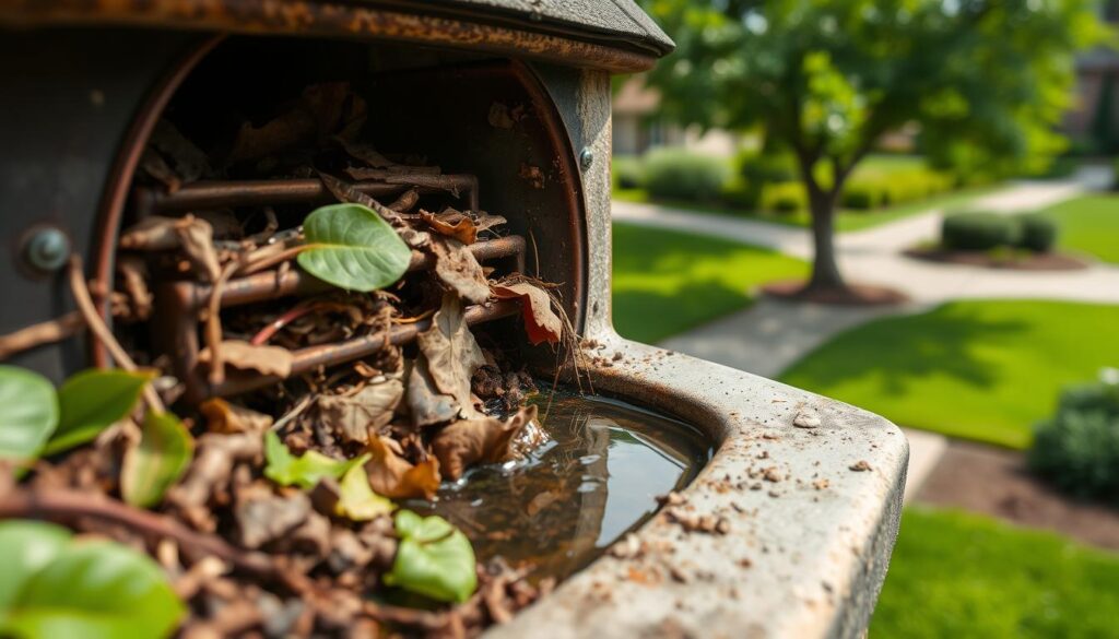 A detailed, close-up view of a residential drain or gutter, partially blocked by leaves, debris, and organic matter. The foreground shows the drain's structure, with a rusted metal grate and a buildup of accumulated material. The middle ground reveals water pooling around the drain, indicating a potential blockage. The background depicts a lush, verdant suburban landscape, with well-manicured lawns and trees, creating a sense of a peaceful, residential setting. The lighting is natural, with soft, diffused sunlight casting gentle shadows and highlighting the textures of the materials. The overall mood is one of a practical, informative illustration, emphasizing the importance of identifying and addressing blocked drains before they can cause further problems.