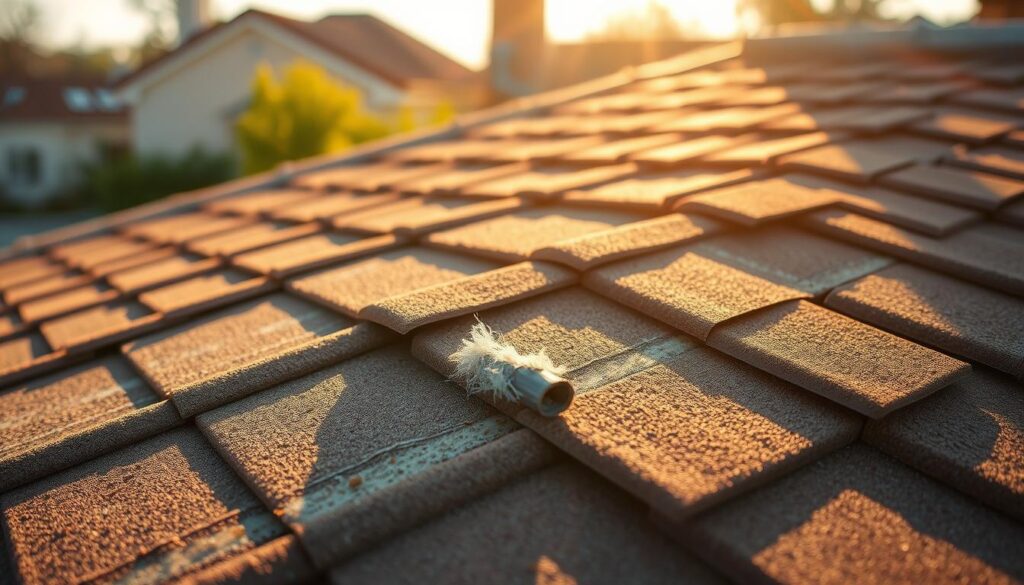 A detailed, close-up view of a residential roof, showcasing the roof sarking and insulation layers. The roof is illuminated by warm, natural sunlight from the side, casting long shadows and highlighting the textures and materials. In the foreground, a single loose or damaged roofing tile is visible, hinting at potential moisture issues or leaks. The middle ground features the intricate layering of the roof structure, including the sarking membrane and insulation panels. The background gradually blurs, emphasizing the focal point of the damaged tile and the need for professional repair services. The overall scene conveys a sense of urgency and the importance of addressing roof-related problems promptly.