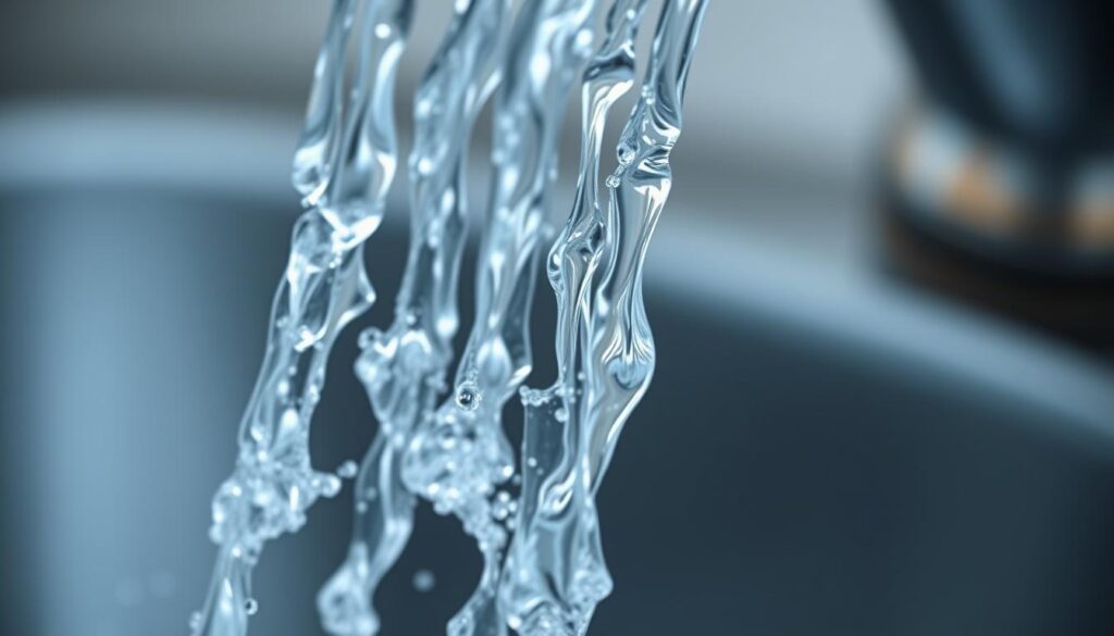 A detailed close-up view of water flowing from a faucet, creating a flush of clear, rippling lines as it cascades down. Captured with a high-resolution camera lens, the image showcases the dynamic movement and transparency of the water, with subtle reflections and refractions creating a sense of depth and fluidity. The lighting is natural and diffused, highlighting the purity and cleanliness of the water. The background is blurred, keeping the focus solely on the flushing water lines and creating a calming, serene atmosphere.