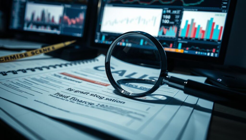 A detailed crime scene investigation report lies open on a desk, showcasing evidence of financial fraud. A magnifying glass hovers over the documents, casting a sharp focus. The lighting is cool and subdued, conveying a sense of seriousness and urgency. In the background, a computer screen displays graphs and charts, highlighting suspicious financial patterns. The composition emphasizes the importance of diligently examining the available information to uncover the truth and prevent further exploitation.