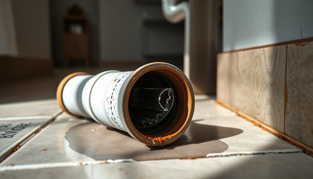 A detailed cross-section view of a residential plumbing system, showcasing a blocked drain pipe. The foreground depicts the pipe with a clear obstruction, highlighted by natural lighting casting shadows. The middle ground reveals the surrounding floor tiles and a portion of the wall, providing context. The background features a muted, realistic interior setting, hinting at the larger domestic environment. The overall scene conveys a sense of investigation, guiding the viewer to identify the source and location of the blockage, setting the stage for the article's topic.