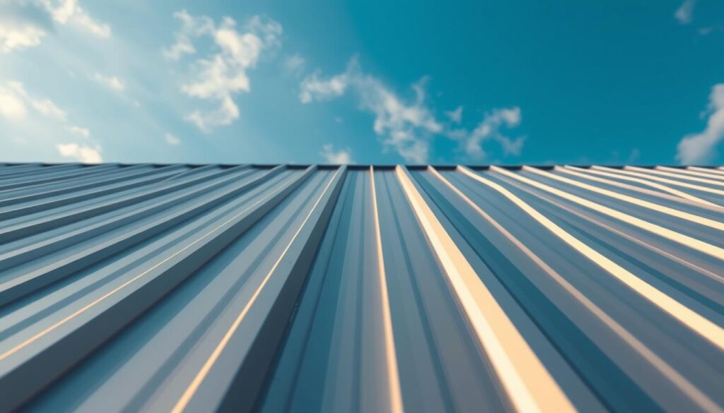 A detailed, high-resolution image of a modern, sleek metal roof in a soft, warm afternoon light. The roof's surface is made of smooth, corrugated metal panels in a muted silver-gray hue, reflecting the sun's rays. The panels are precisely aligned, creating clean, parallel lines that extend across the frame. In the background, a clear blue sky with wispy clouds adds depth and atmosphere. The perspective is angled slightly from above, showcasing the intricate texture and structural details of the roof. The lighting casts subtle shadows that accentuate the roof's contours, contributing to a sense of depth and dimensionality. The overall scene conveys a sense of durability, efficiency, and architectural elegance.